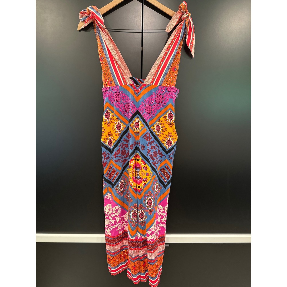 Free‎ People Maritzah Multicolor Boho Patchwork Tie Strap Wide Leg Jumpsuit 2